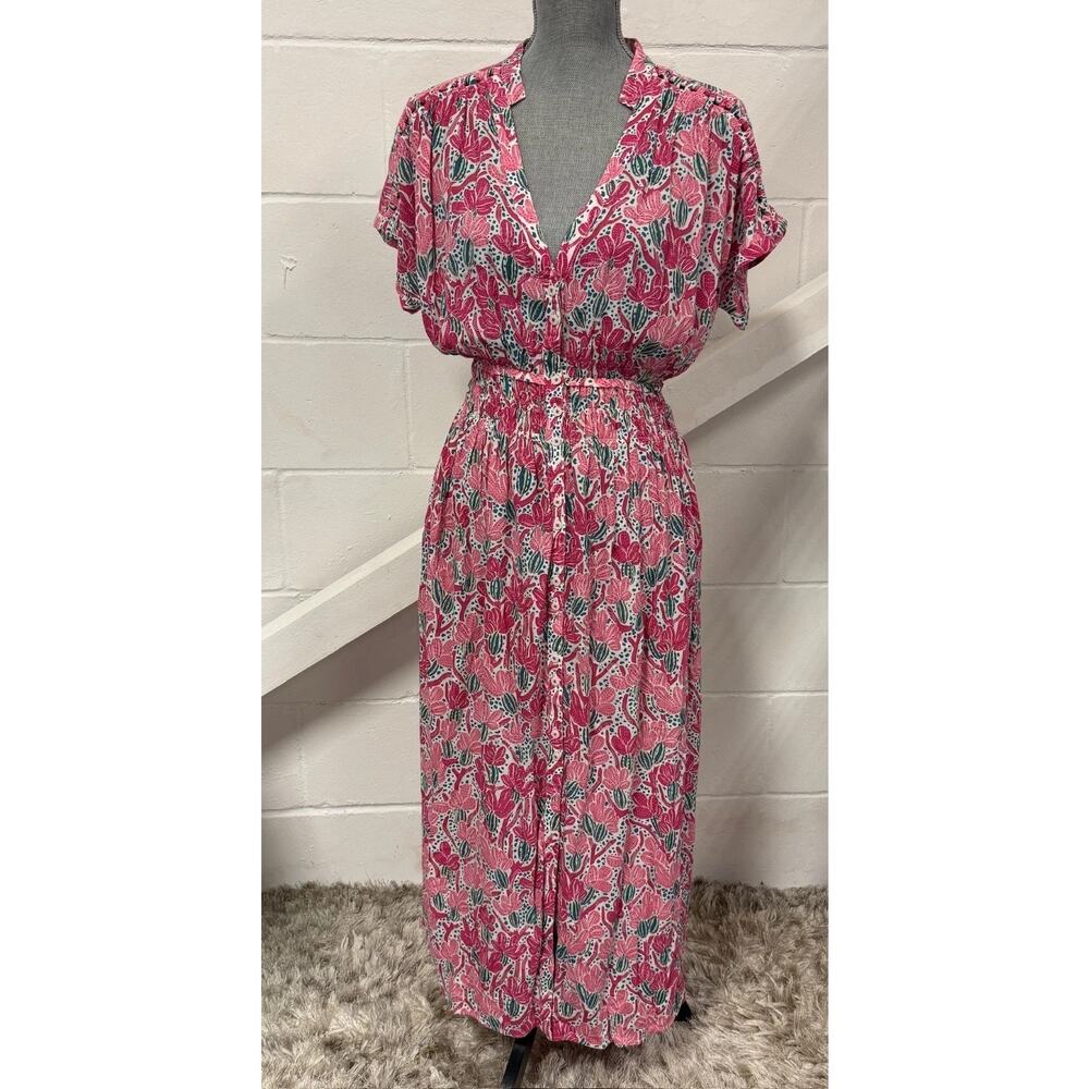 Poupette St Barth Becky Pink Kaktus Print Button Front Short Sleeve Maxi Dress - Picture 2 of 14